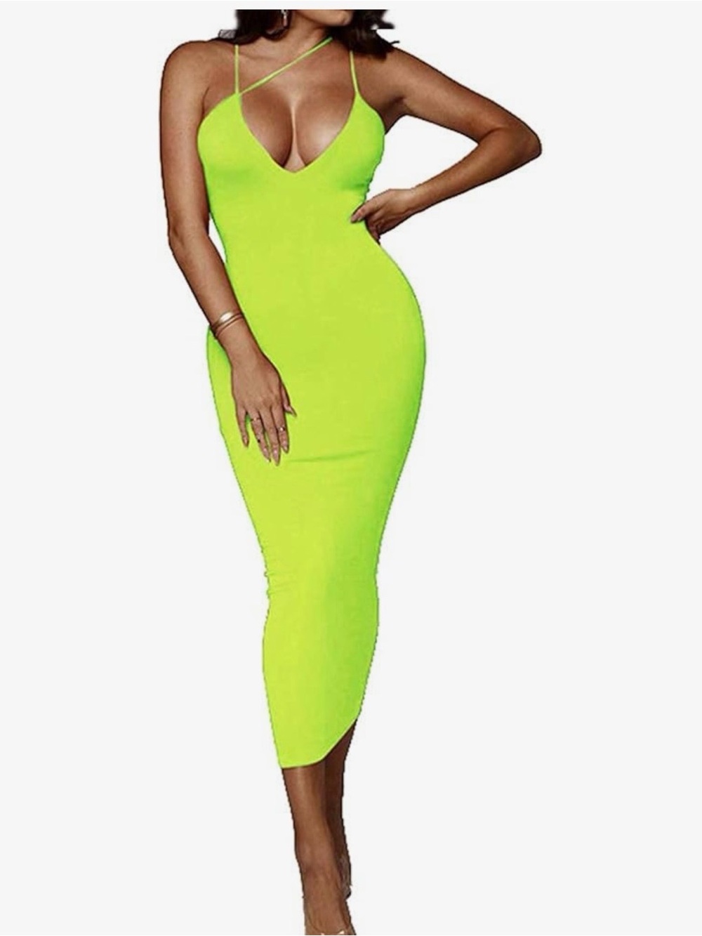 Neon Lime Curve-Hugging Midi Dress with Asymmetric Spaghetti Straps